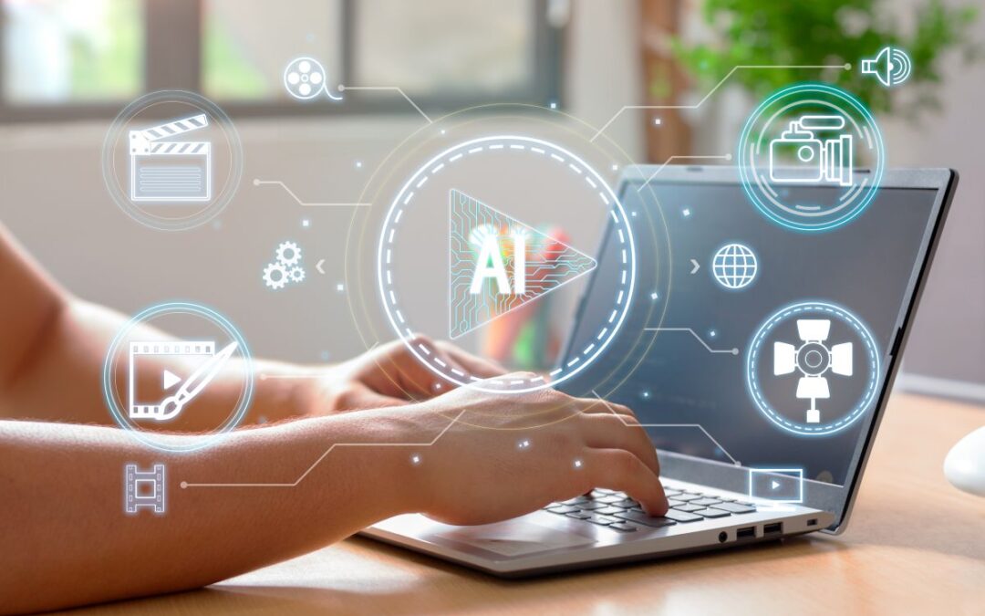 create videos and content with artificial intelligence image of typing on a computer and icons fly above of film, camera, and creative icons used in article by kelley way more on copyright and AI