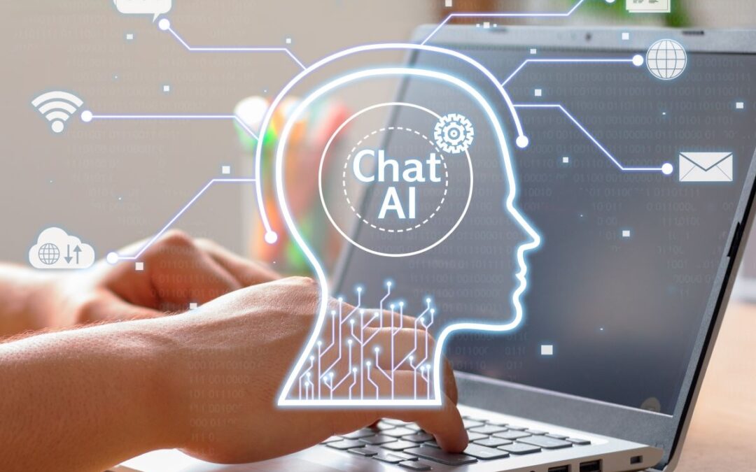 picture of an ai head that says Chat AI with person writing on a laptop in the background for the article Can I copyright AI-Generated content by kelley way