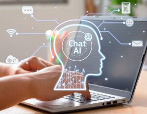 picture of an ai head that says Chat AI with person writing on a laptop in the background for the article Can I copyright AI-Generated content by kelley way