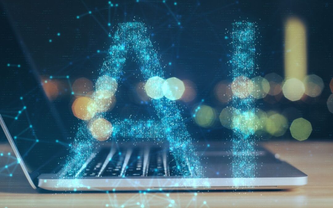 open laptop on a desk with AI written in the foreground